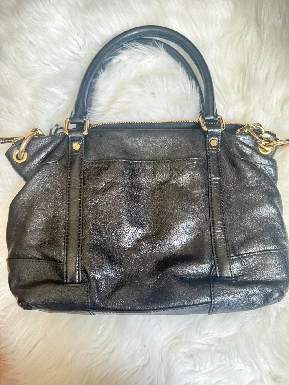 Michael Kors Black Leather Satchel with Gold Accents